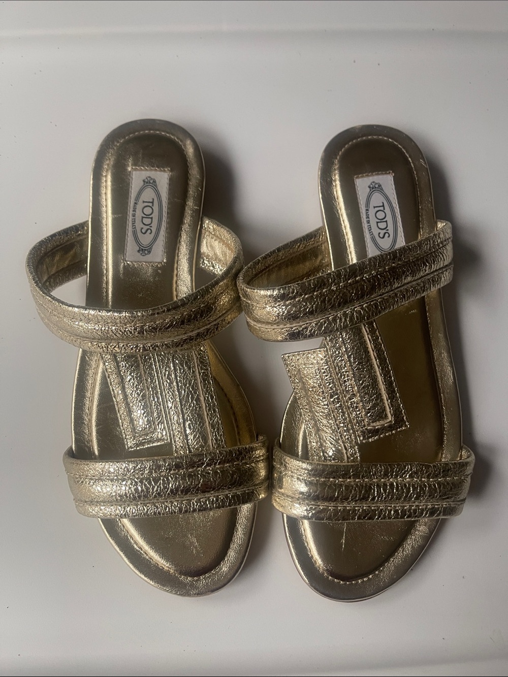 New TODS Metallic Gold Double T Strap Slide Sandals Made in Italy SZ 35.5/US 5.5